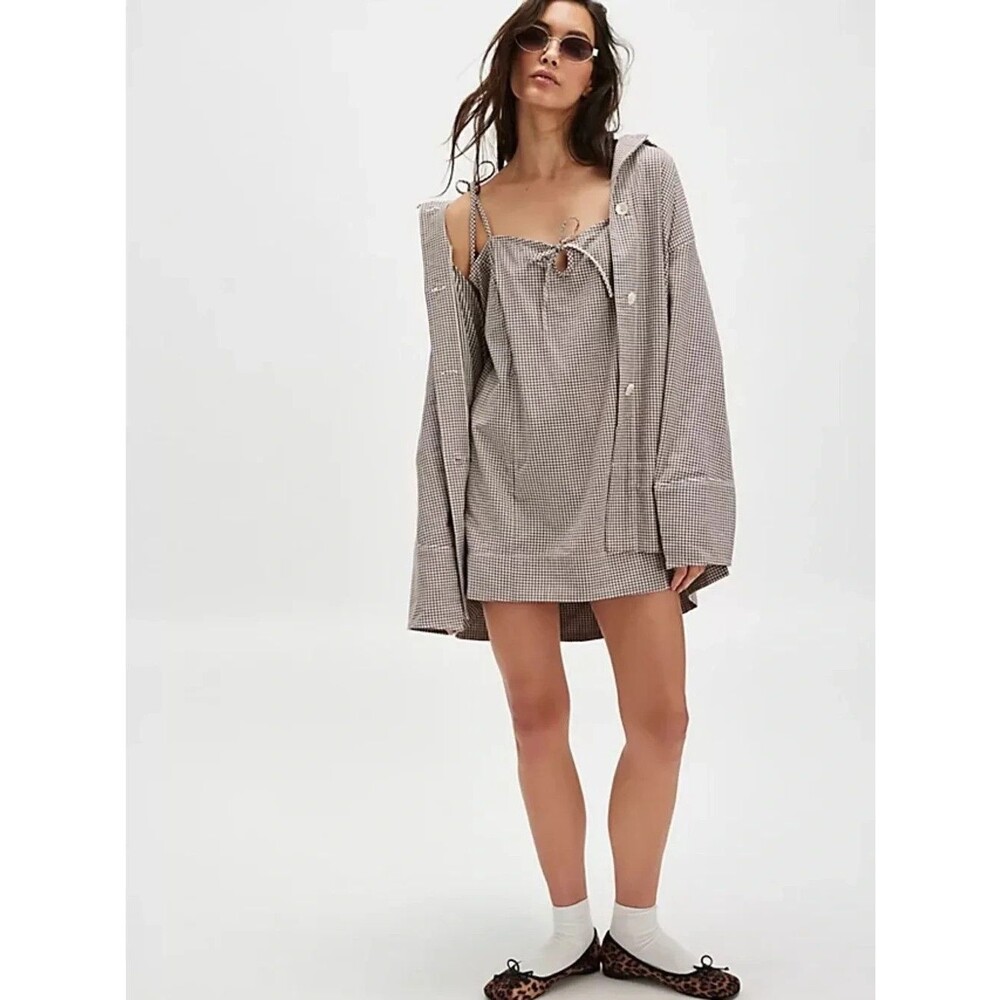 Free People Arlo ivory combo gingham oversized tunic button down shirt sz Large